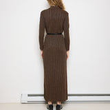 Francesca for Damon Dress, made in Italy, 15.5-inch shoulders, 58-inch length, 23-inch sleeves. Model is 5'11"