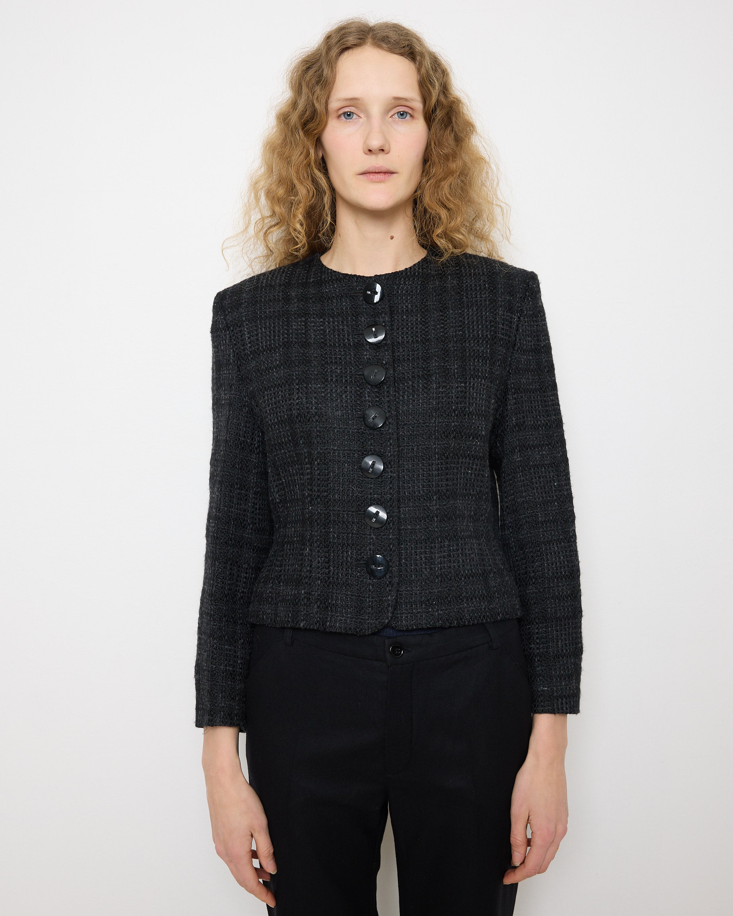 Jaeger Jacket, 20-inch length, 15-inch shoulders, wool-acrylic blend. Model is 5'11", very good condition