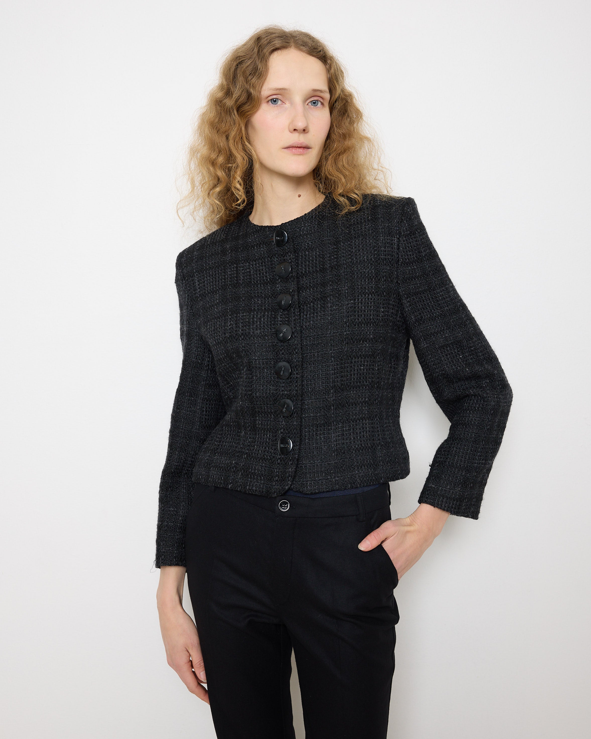 Jaeger Jacket, 20-inch length, 15-inch shoulders, wool-acrylic blend. Model is 5'11", very good condition