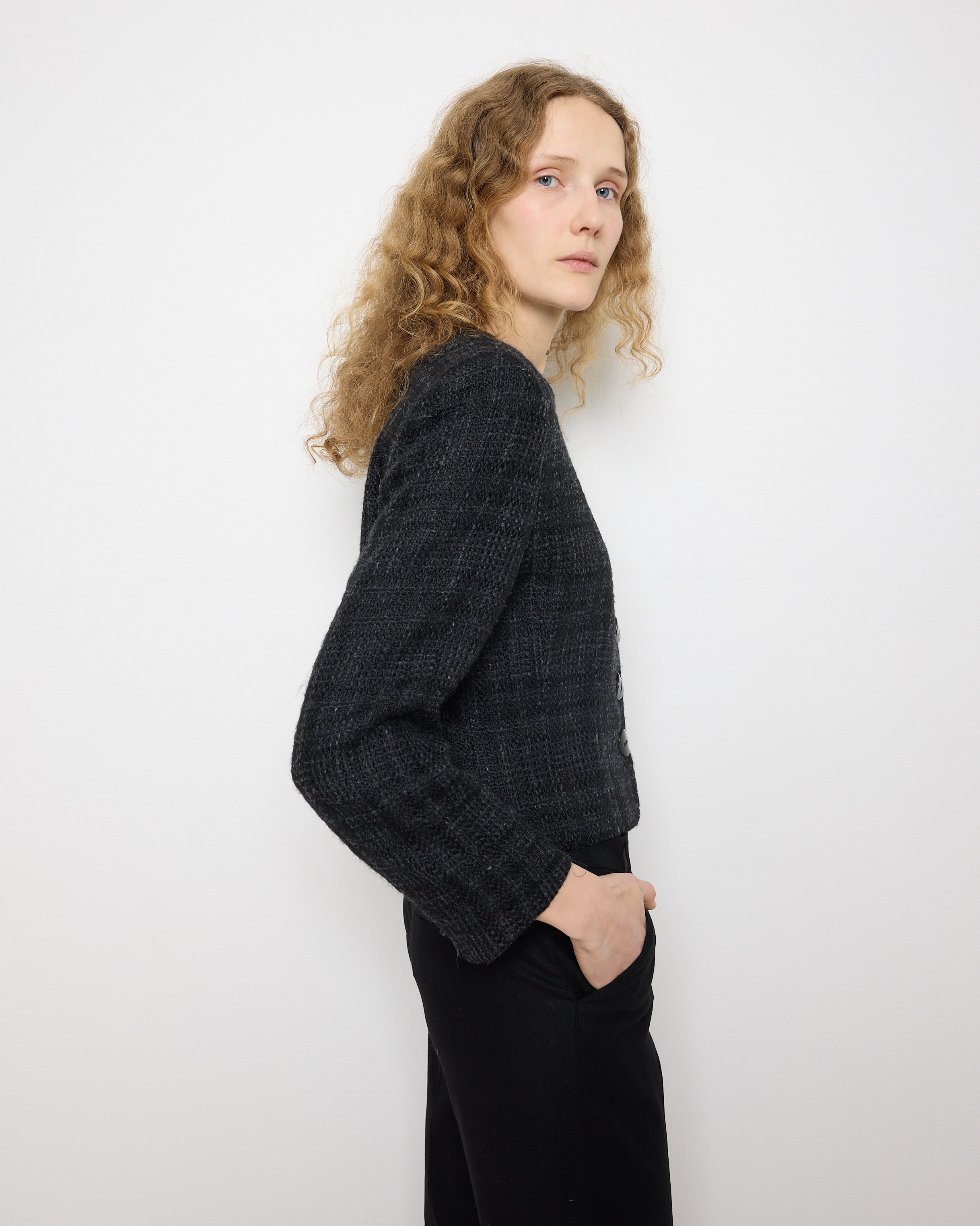 Jaeger Jacket, 20-inch length, 15-inch shoulders, wool-acrylic blend. Model is 5'11", very good condition