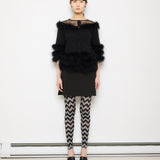 Purificación García Fur Coat, size S, 22-inch length, angora blend with 100% duck feather details. Model is 5'9"