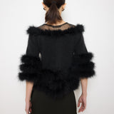 Purificación García Fur Coat, size S, 22-inch length, angora blend with 100% duck feather details. Model is 5'9"