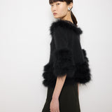 Purificación García Fur Coat, size S, 22-inch length, angora blend with 100% duck feather details. Model is 5'9"