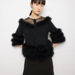 Purificación García Fur Coat, size S, 22-inch length, angora blend with 100% duck feather details. Model is 5'9"