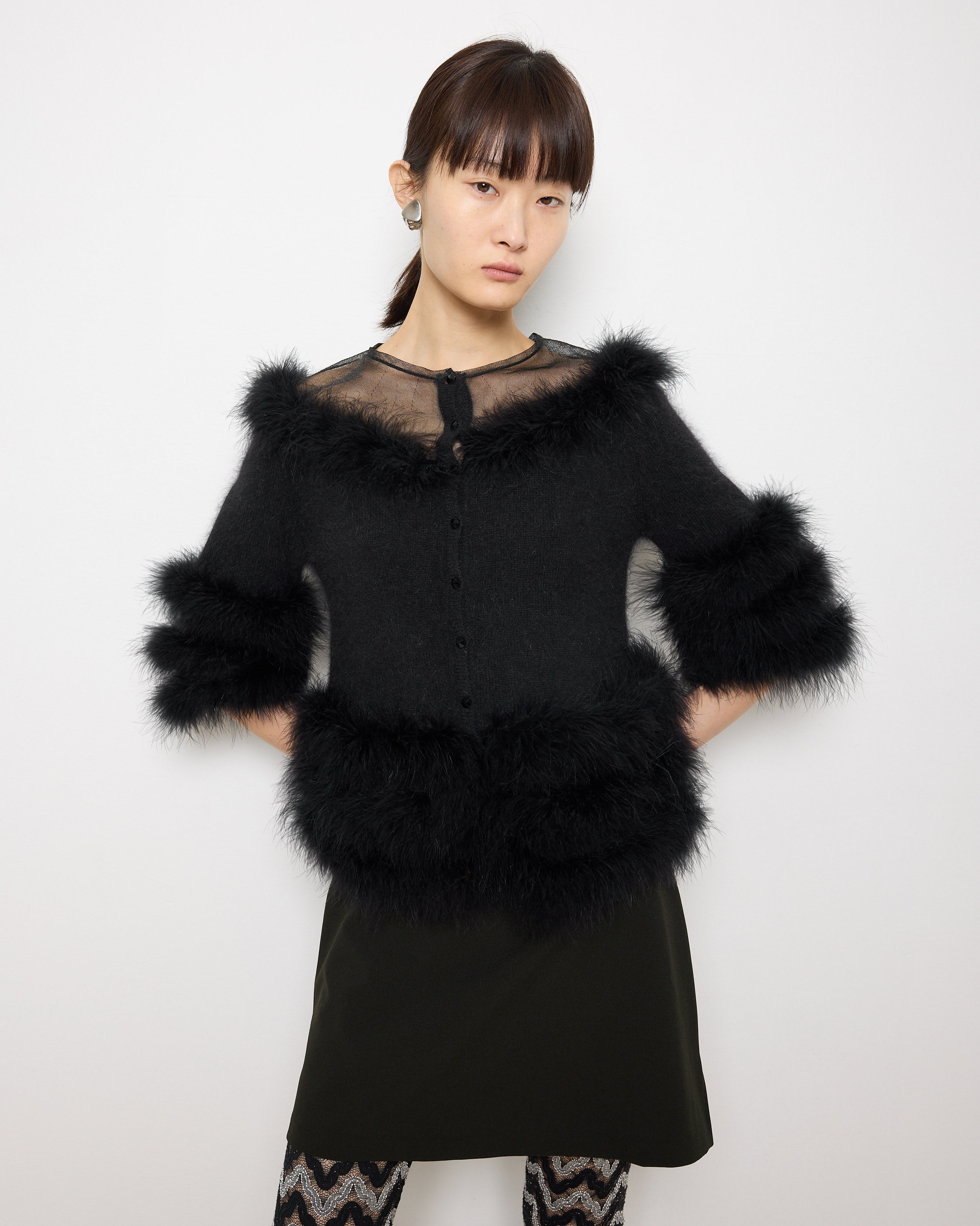Purificación García Fur Coat, size S, 22-inch length, angora blend with 100% duck feather details. Model is 5'9"