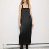 1920s Silk Black Dress, 54-inch length, 18-inch chest, 100% silk. Model is 5'11", very good vintage condition