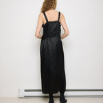 1920s Silk Black Dress, 54-inch length, 18-inch chest, 100% silk. Model is 5'11", very good vintage condition