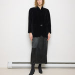 Black Quilted Velvet Blazer, size 12, 100% cotton, 28.5-inch length, 18-inch shoulders, 22-inch sleeves. Model is 5'11"