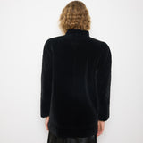 Black Quilted Velvet Blazer, size 12, 100% cotton, 28.5-inch length, 18-inch shoulders, 22-inch sleeves. Model is 5'11"