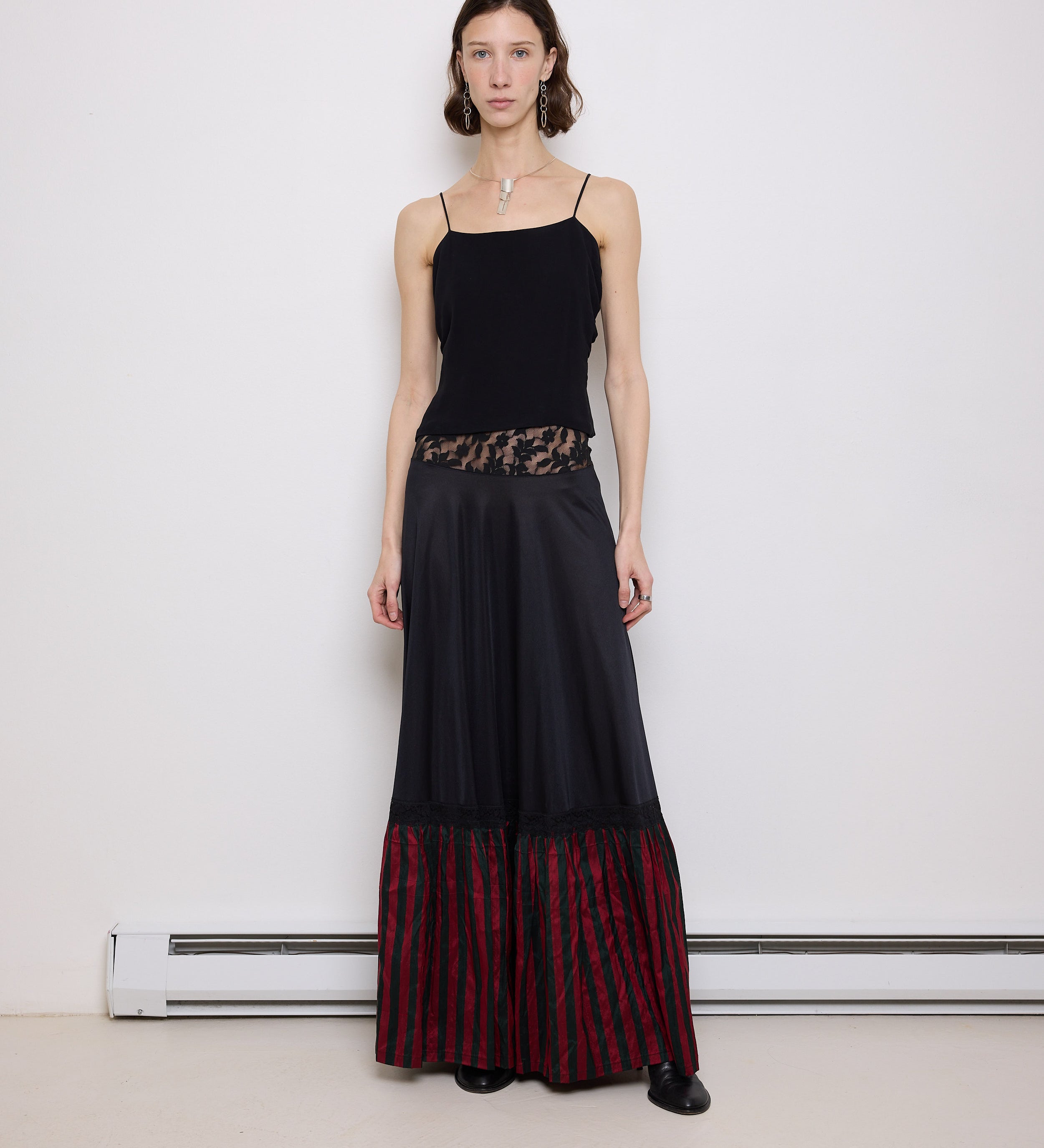 R+B Striped Lace Skirt, 44-inch length, 11-inch waist laid flat. Model is 5'11", in very good condition