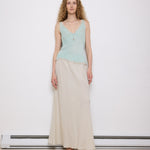 Vintage White Linen Skirt, 42-inch length, 16-inch waist, suggested size M/L. Model is 5'11"