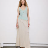 Vintage White Linen Skirt, 42-inch length, 16-inch waist, suggested size M/L. Model is 5'11"