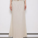 Vintage White Linen Skirt, 42-inch length, 16-inch waist, suggested size M/L. Model is 5'11"
