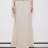 Vintage White Linen Skirt, 42-inch length, 16-inch waist, suggested size M/L. Model is 5'11"