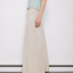 Vintage White Linen Skirt, 42-inch length, 16-inch waist, suggested size M/L. Model is 5'11"