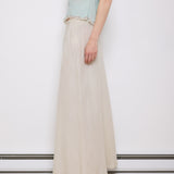 Vintage White Linen Skirt, 42-inch length, 16-inch waist, suggested size M/L. Model is 5'11"