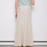 Vintage White Linen Skirt, 42-inch length, 16-inch waist, suggested size M/L. Model is 5'11"