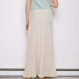 Vintage White Linen Skirt, 42-inch length, 16-inch waist, suggested size M/L. Model is 5'11"
