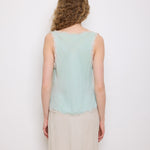 Green Silk Top, 23-inch length, suggested medium size. Model is 5'11", in good vintage condition