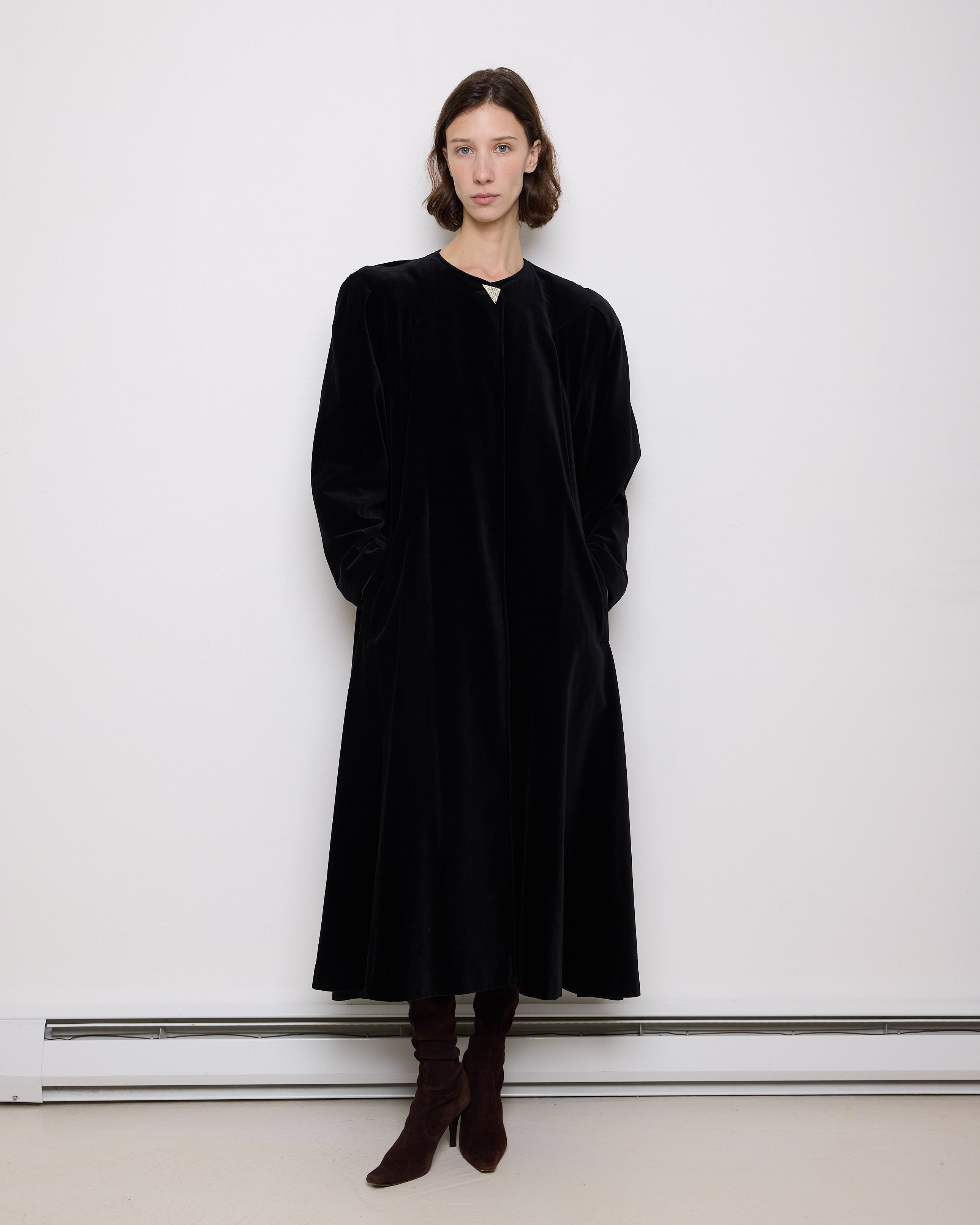 Vintage black velvet coat, 60-inch length, 24-inch sleeves, 16-inch shoulders, 100% cotton velvet