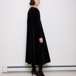 Vintage black velvet coat, 60-inch length, 24-inch sleeves, 16-inch shoulders, 100% cotton velvet