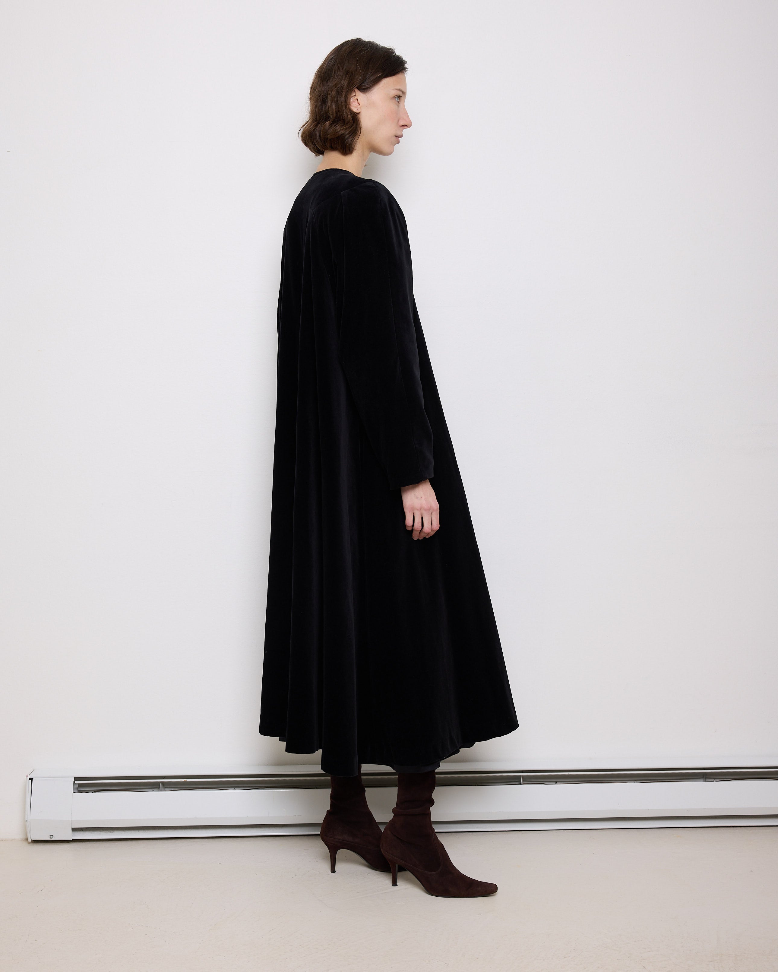 Vintage black velvet coat, 60-inch length, 24-inch sleeves, 16-inch shoulders, 100% cotton velvet