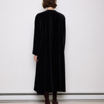 Vintage black velvet coat, 60-inch length, 24-inch sleeves, 16-inch shoulders, 100% cotton velvet