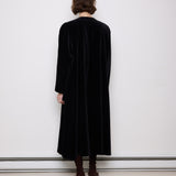 Vintage black velvet coat, 60-inch length, 24-inch sleeves, 16-inch shoulders, 100% cotton velvet