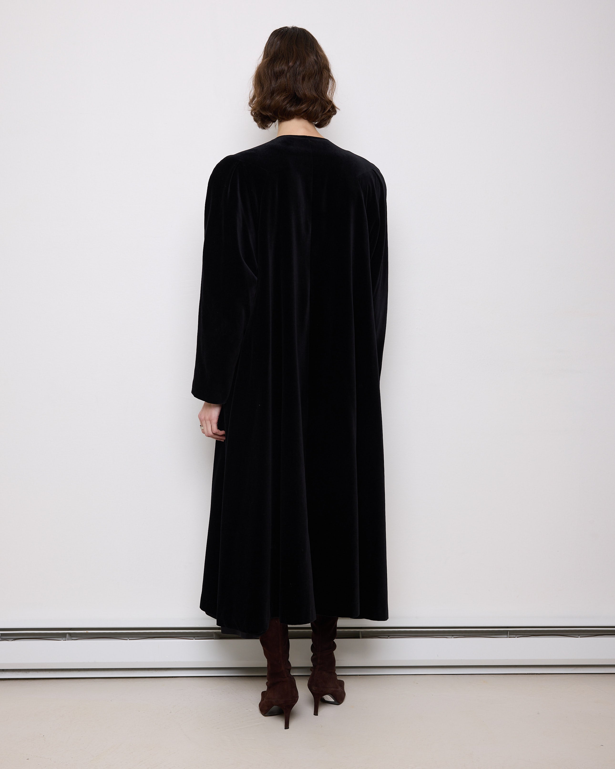 Vintage black velvet coat, 60-inch length, 24-inch sleeves, 16-inch shoulders, 100% cotton velvet