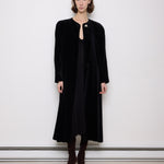 Vintage black velvet coat, 60-inch length, 24-inch sleeves, 16-inch shoulders, 100% cotton velvet