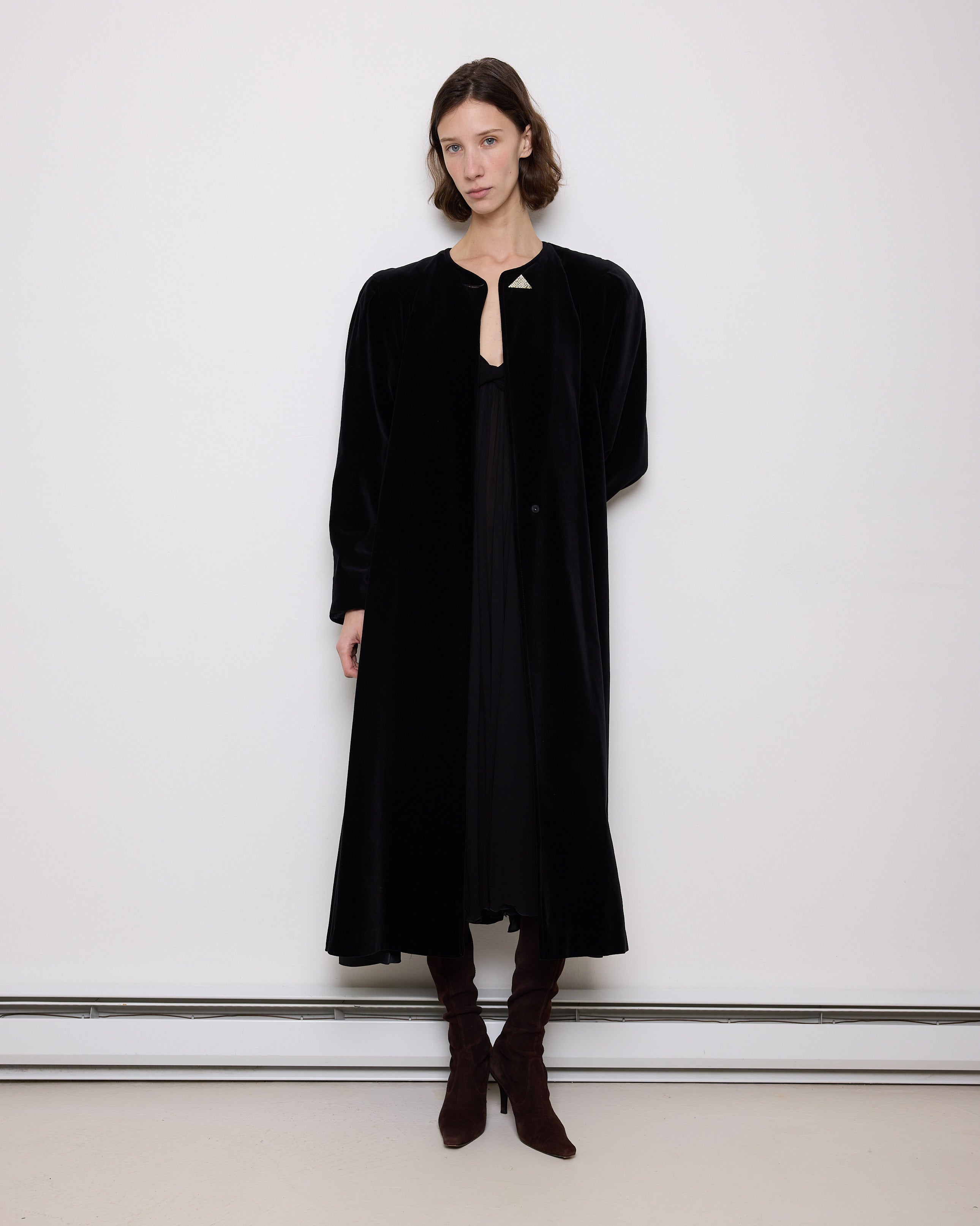 Vintage black velvet coat, 60-inch length, 24-inch sleeves, 16-inch shoulders, 100% cotton velvet