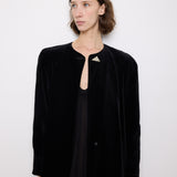 Vintage black velvet coat, 60-inch length, 24-inch sleeves, 16-inch shoulders, 100% cotton velvet