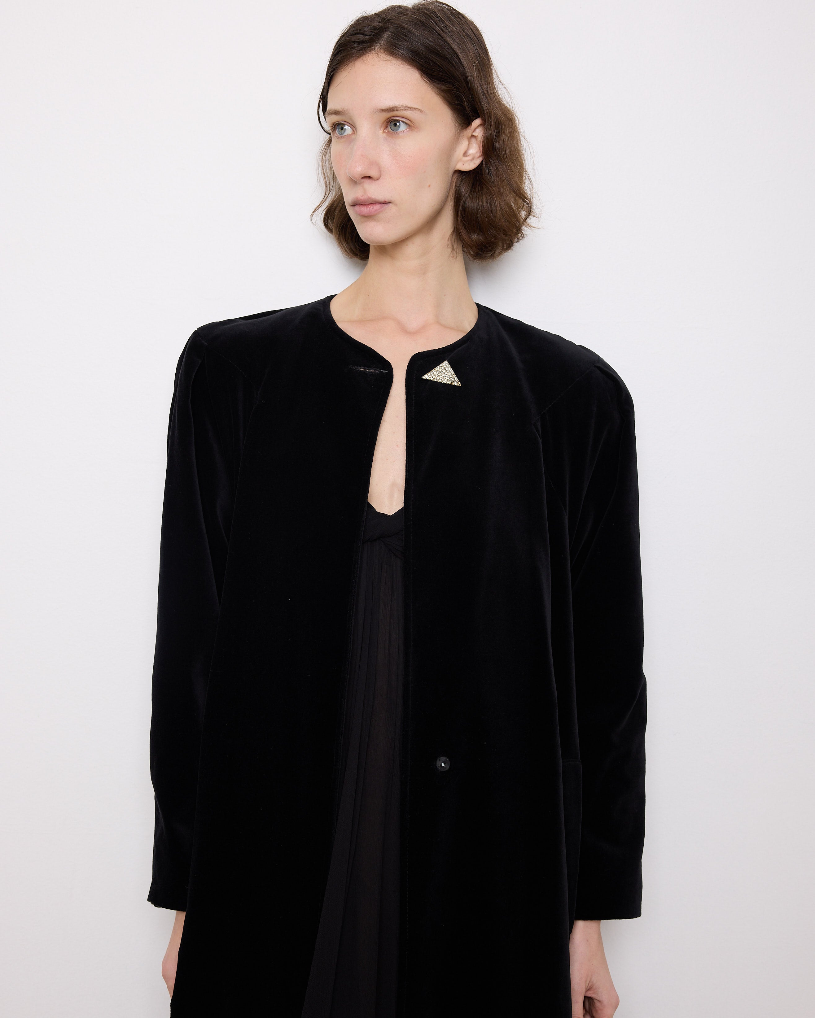 Vintage black velvet coat, 60-inch length, 24-inch sleeves, 16-inch shoulders, 100% cotton velvet