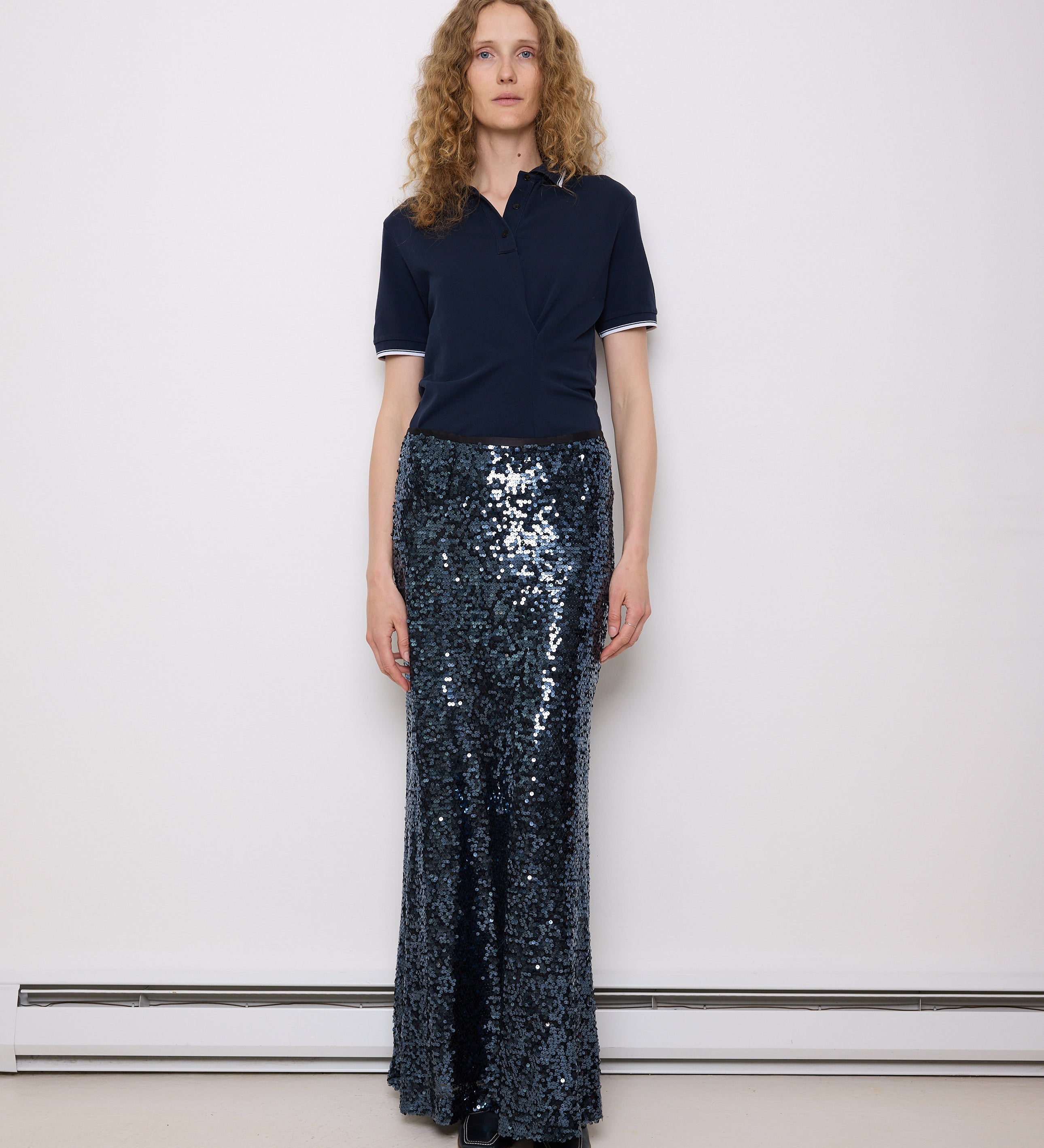 Sequined maxi skirt, size 8, 43-inch length, 15.5-inch waist. Model is 5'11", in perfect condition