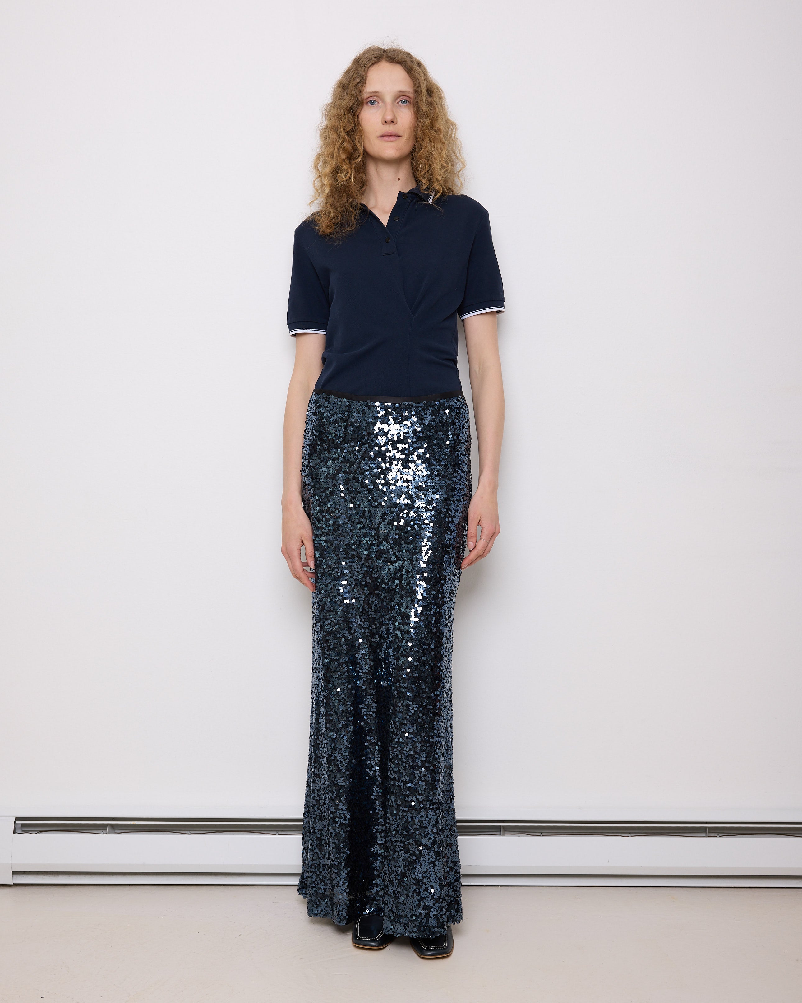 Sequined maxi skirt, size 8, 43-inch length, 15.5-inch waist. Model is 5'11", in perfect condition