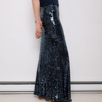 Sequined maxi skirt, size 8, 43-inch length, 15.5-inch waist. Model is 5'11", in perfect condition