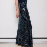 Sequined maxi skirt, size 8, 43-inch length, 15.5-inch waist. Model is 5'11", in perfect condition