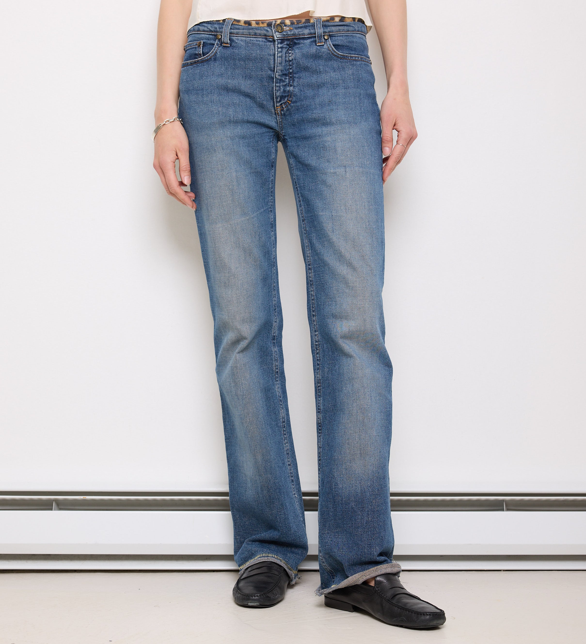 Roberto Cavalli blue jeans with rhinestone logo, 43-inch length, 15.5-inch waist, size L, bootcut fit