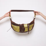 Brown leather shoulder bag with gold mesh details, 7x19 inches, 17-inch strap, multi-pocket design