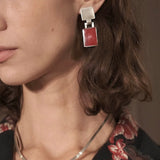 Vintage Sterling Silver Red Square Stone Earrings